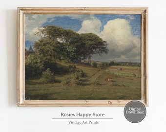Rustic Landscape Oil Painting, Printable Cattle Cow Farmhouse Decor Wall Art, Vintage Meadow Art Print,  Country Painting, Digital Download