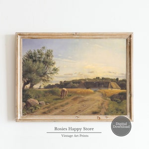 Meadow Landscape Oil Painting , Cattle Cow Painting,Vintage Country Landscape Art Print ,Farmhouse Decor,Printable Wall Art,Digital Download