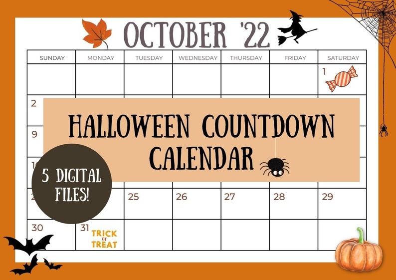 October 2022 Calendar Printable Digital Halloween Countdown Etsy