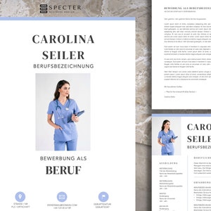 Könnte beinhalten: Eine blaue und weiße Lebenslaufvorlage mit einem Foto einer Frau in blauer medizinischer Uniform. Der Text im Lebenslauf enthält den Namen Carolina Seiler, die Berufsbezeichnung und die Kontaktinformationen.