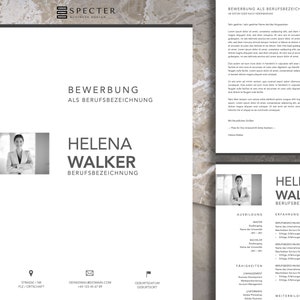 Op de afbeelding: Een zwart-witte cv-sjabloon met een professionele foto van een vrouw. De cv bevat de naam van de sollicitant, contactgegevens, opleiding, werkervaring, vaardigheden en aanvullende training. De tekst op de cv luidt "BEWERBUNG ALS BERUFSBEZEICHNUNG" en "HELENA WALKER BERUFSBEZEICHNUNG".