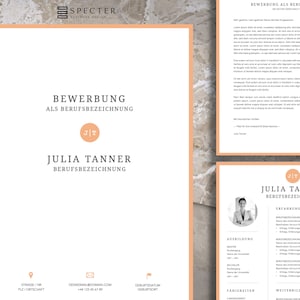 May include: A resume template with a peach background and black text. The resume is for Julia Tanner, who is applying for a position as a "Berufsbezeichnung". The resume includes sections for education, experience, skills, and additional information.