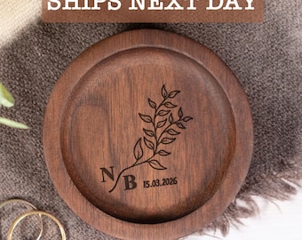Personalized Walnut Ring Dish - Engraved Wedding Ring Holder, Custom Jewelry Tray