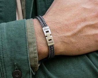 Personalized Stainless Steel Double Curb Chain Bracelet • Oxidized Finish, Engraved Clasp