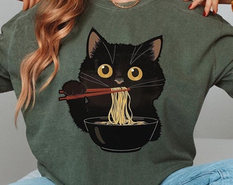 Comfort Colors® Ramen Cat T-Shirt, Cat Lover, Kawaii Tees, Foodies Shirt, Kitten Tee, Anime Cat Shirt, Japanese Shirt, Noodle Cat Shirts