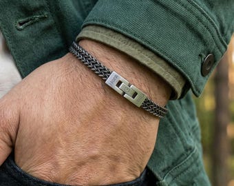 Personalized Stainless Steel Double Curb Chain Bracelet • Oxidized Finish, Engraved Clasp
