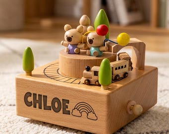 Personalized Wooden Baby Music Box, Engraved Name Keepsake, First Birthday Gift