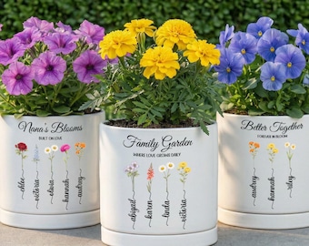 Personalized Birth Flower Ceramic Pot, Custom Grandma Garden Gift, Mother's Day Mom Gift