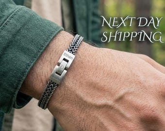 Personalized Stainless Steel Double Curb Chain Bracelet • Oxidized Finish, Engraved Clasp