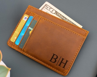 Tarjetero delgado personalizado, tarjetero minimalista de cuero, regalo para el Día del Padre, para esposos, novios, hombres, papás.