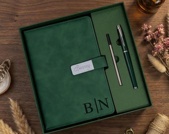 Cuaderno y bolígrafo de cuero personalizados, cuaderno grabado a medida para él.