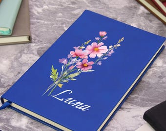Personalized Birth Flower Leather Journal, Engraved Name Notebook, Keepsake Gift