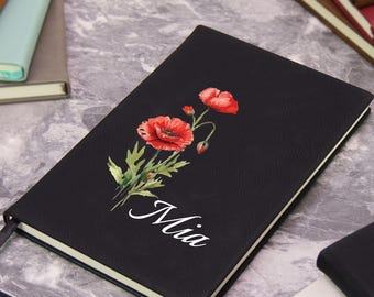 Personalized Engraved Birth Flower Leather Journal, Custom Name Notebook