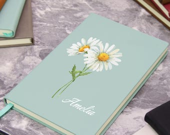 Personalized Birth Flower Leather Journal, Engraved Name Notebook, Keepsake Gift