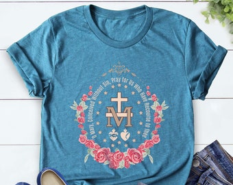 Marian Catholic T-Shirt, Virgin Mary T-shirt, Catholic Gifts For Women, Floral Women Religious Shirts, Catholic T-shirt, Marian Cross Shirt