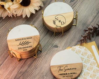 Personalized Marble Wood Coasters, Custom Engraved Anniversary Wedding Gift