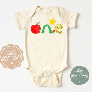 Hungry Caterpillar "One" Baby Onesie®, Caterpillar Birthday Clothes, Caterpillar Birthday Outfit, Caterpillar Onesie®, Natural One Onesie®