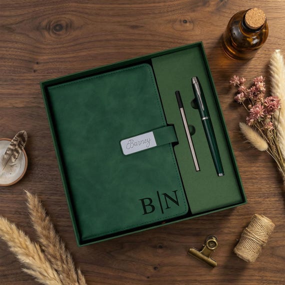 Personalized Leather Journal and Pen Set, Custom Engraved Notebook for Him or Her