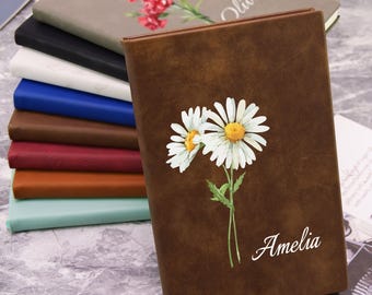 Personalized Leather Journal, Engraved Birth Flower Name Notebook