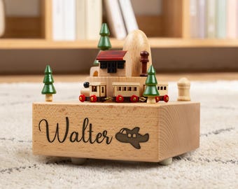 Engraved Wooden Music Box, Musical Keepsake, Train Scenery, Personalized 1st Birthday Gifts