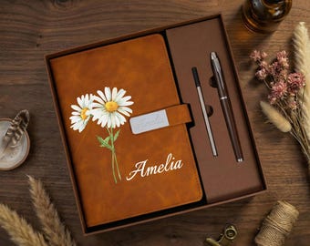 Engraved Birth Flower Leather Journal Set, Personalized Name Notebook with Pen