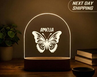 Custom Name Night Light, Dinosaur Butterfly Rainbow Moon Stars Kids Room Decor