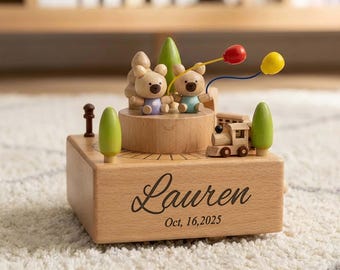 Personalized Wooden Baby Music Box, Engraved Name Keepsake, First Birthday Gift