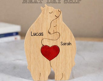 Personalized Wooden Bear Hug Puzzle - Custom Names Anniversary Gift, Unique Couple Keepsake