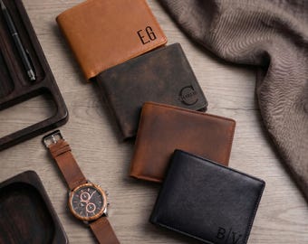 Personalized Crazy Horse Leather Wallet, Engraved RFID Blocking Bifold (10x12cm)