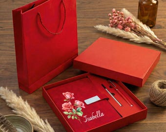 Engraved Birth Flower Leather Journal Set, Personalized Name Notebook, Gift for Her