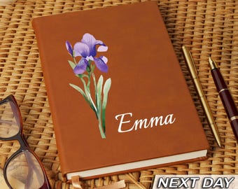 Engraved Birth Flower Leather Journal, Personalized Name Notebook, Birthday Gifts for Her, Thank You Teacher Gifts, Graduation Gift
