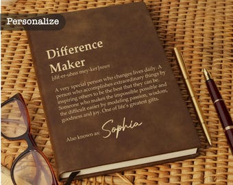 Personalized Difference Maker Journal, Custom Coworker Gifts, A5 Vegan Leather Lined Notebook, Mentor Leader Appreciation Thank You Gift