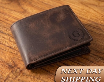 Personalized Crazy Horse Leather Wallet, Engraved Monogram RFID Blocking Mens Wallet
