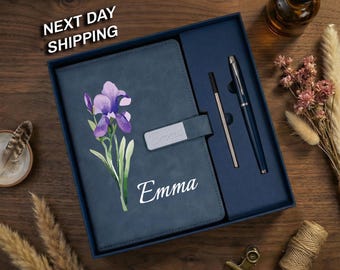 Engraved Birth Flower Leather Journal Set, Personalized Name Notebook with Pen