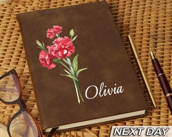 Engraved Birth Flower Leather Journal, Personalized Name Notebook, Teacher Graduation Gift
