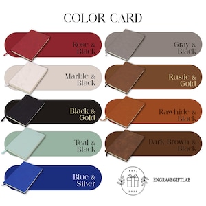 May include: A color card showcasing various notebook color combinations. The card displays notebooks in colors like red, gray, white, brown, black, teal, and blue, paired with black or gold accents. The text "COLOR CARD" is at the top, with the brand logo and text "ENGRAVEGIFTLAB" at the bottom.