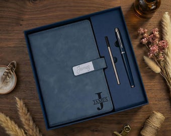 Cuaderno de cuero personalizado para hombre, cuaderno grabado a medida con bolígrafo, regalo de aniversario o cumpleaños para hombres, recuerdo único.