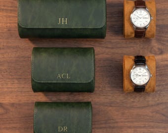 Personalized Leather Watch Roll for Men, Travel Case, Brown Green Holder