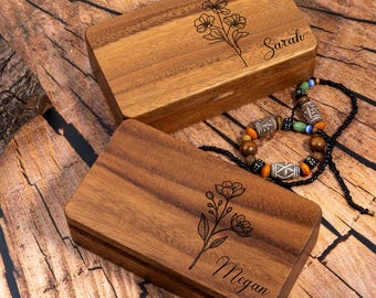 Custom Wooden Jewelry Box – Personalized Name & Birth Flower Keepsake, Perfect Gift for Mom, Bridesmaids, Valentines, Birthday, Anniversary