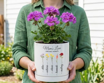 Personalized Birth Flower Ceramic Pot, Grandma Garden Gift, Mother's Day Planter