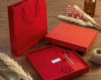 Personalized Leather Journal and Pen Set, Custom Engraved Notebook for Him