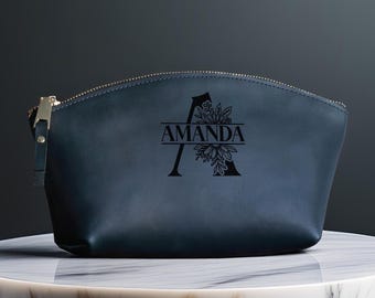 Personalized Leather Makeup Bag, Custom Cosmetic Toiletry Organizer