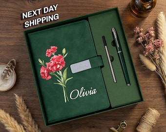 Cuaderno de cuero grabado con la flor de nacimiento, juego de cuadernos personalizados con nombre, regalos de cumpleaños para ella, regalos de agradecimiento para profesores, regalo de graduación