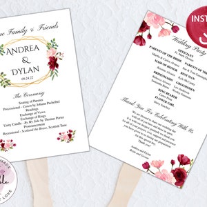 Program Fan Template, Burgundy and Blush Wedding Program, Floral Wedding Ceremony Program, INSTANT DOWNLOAD, #m100