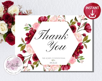 Thank You Card Template, Burgundy and Blush Wedding, Floral Wedding Thank You, Printable Thank You, Classic Wedding, INSTANT DOWNLOAD, #m100