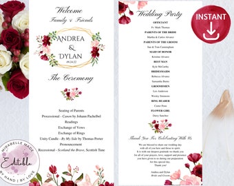 May include: Wedding ceremony program with burgundy and white floral designs. The program includes the names Andrea and Dylan, the date 09.24.22, and a list of the wedding party.