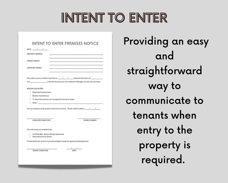 Landlord Notice to Enter Premises to Tenant Intent to Enter Notice