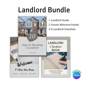 May include: A digital product bundle for landlords, featuring a gray and white design with images of houses, a notebook, and a welcome sign. The bundle includes a landlord guide, tenant welcome packet, and 3.9 landlord checklists. The text "Landlord Bundle" is at the top of the image.