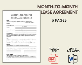 Month-to-month Rental Agreement | Monthly Lease Agreement | Rent Room | Editable MS Word Template | Instant Download | Month to Month