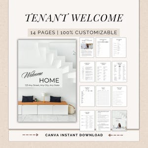 Peut inclure: Un modèle numérique intitulé "Tenant Welcome" avec 14 pages, 100% personnalisable. Le design présente une scène d'intérieur moderne avec le texte "Welcome Home" et une liste de documents. Le téléchargement instantané Canva est disponible.